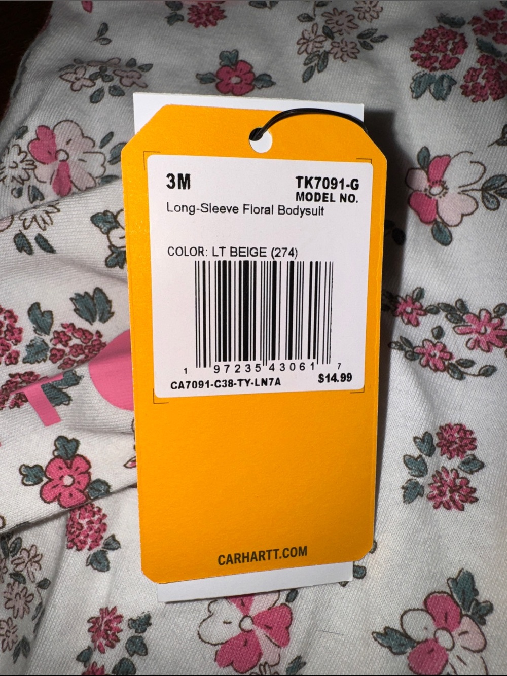 NWT- Carhartt Baby Pink Floral Long-Sleeve One-Piece Bodysuit - Picture 4 of 4